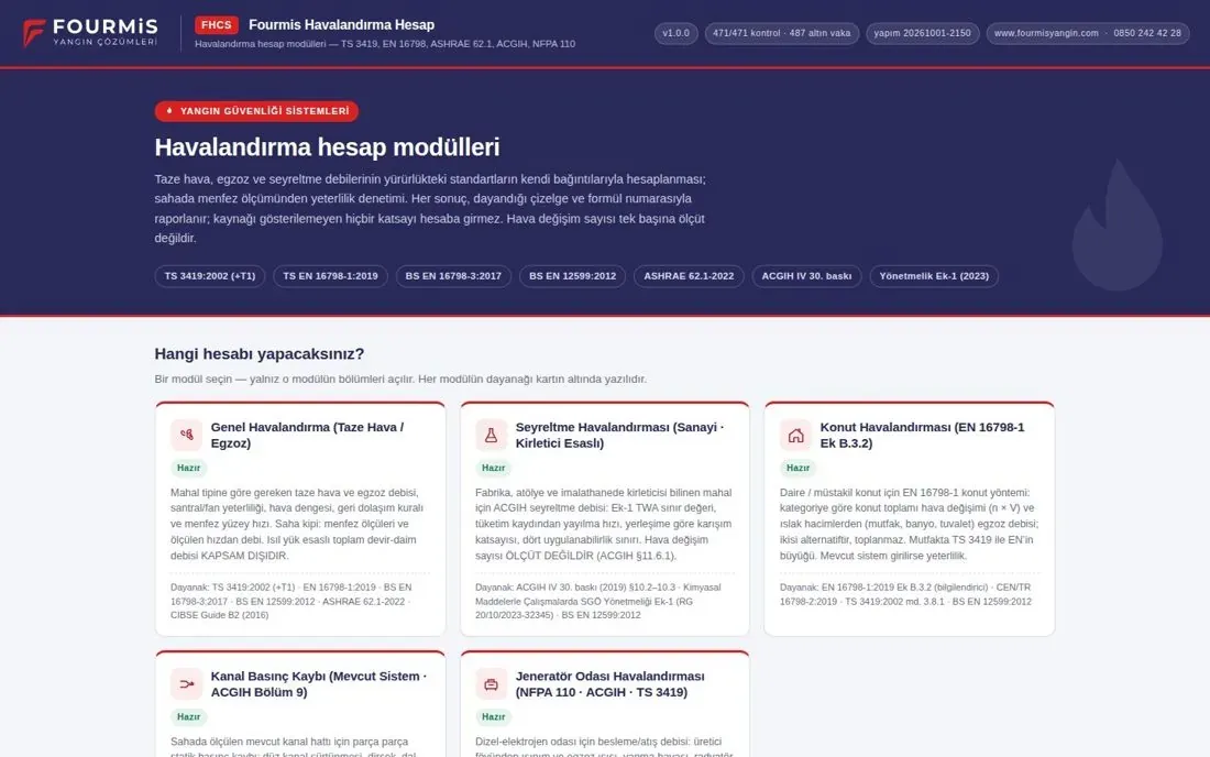 FHCS havalandırma hesap modülleri ekranı